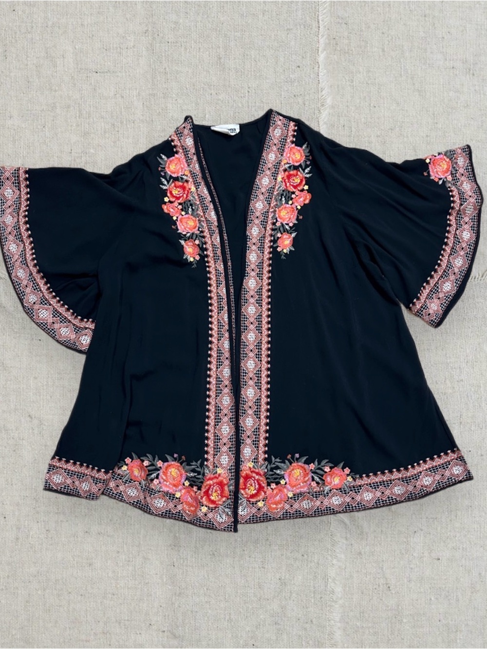 Savanna jane–Black Embroidered Open-Front Kimono with Floral Accents